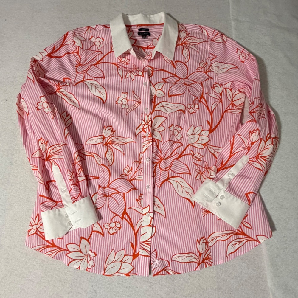 Talbots Womens 16 Non-Iron Pink Striped Floral Button Down Shirt Long Sleeve